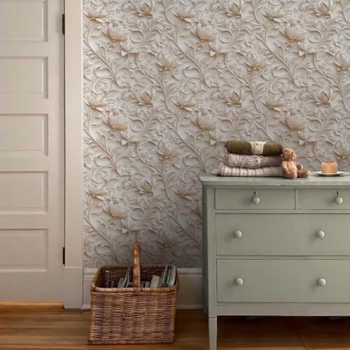 Yzogbry Embossed Beige Gold Ivory Magnolia Floral Peel and Stick Wallpaper Wall Decor Self Adhesive Wall Paper Stick on Easy Peel Off Contact for Renter Apartment by Yzogbry - Used condition - Image 3