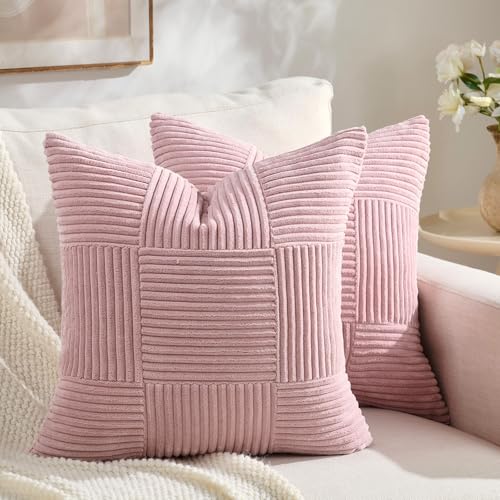 Fancy Homi Set of 2 Blush Pink Boho Decorative Throw Pillow Covers 18x18 Inch for Living Room Bedroom Couch Bed Sofa, Modern Farmhouse Home Decor, Soft Striped Plaid Corduroy Accent Cushion Case