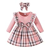 M9ppzzur7 Toddler Baby Girls Dresses Flying Long Sleeve Tutu Dresses Rib Knit Patchwork Plaid Princess Dress with Headband Spring Fall Winter Clothes (Pink, 3-6 Months)