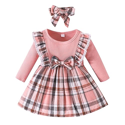M9ppzzur7 Toddler Baby Girls Dresses Flying Long Sleeve Tutu Dresses Rib Knit Patchwork Plaid Princess Dress with Headband Spring Fall Winter Clothes (Pink, 2-3 Years)