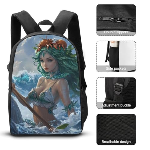 Ocean Goddess Waves Dolphins Crabs Classic Backpack Lunch Bag Pencil Case 3 Piece Set Travel Daypack3