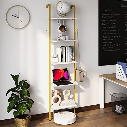 Tohomeor Modern Bookshelf Wall Mounted 5-Tiers Ladder Shelf Gold And White Wooden Bookcase Narrow Thin Bookshelf Open Display Storage Rack For Living Room Bedroom Home Office #TOP1