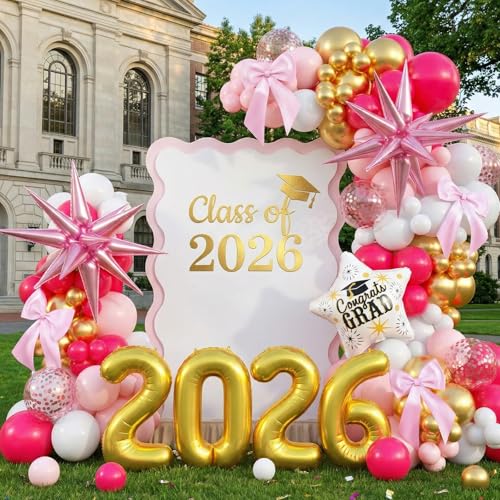 Graduation Balloon Arch Garland Kit, 2026 Graduation Party Decoration, Hot Pink Gold Grad Balloons with 2026 Number Star Foil Balloon & Confetti Balloons for Class of 2026 Congrats Party Supplies by FEYG - Used condition - Image 5
