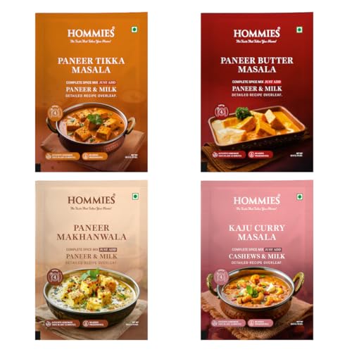 Image of Hommies Paneer Lover's Spice Combo | Paneer Tikka Masala, Paneer Butter Masala, Paneer Makhanwala & Kaju Curry Spice Mix | Ready to Cook | Just Add Basics | Serves 4 Each | Vegetarian | No Preservatives| Pack of 4 (50g Each, Total 200g) (Combo of 4-5)