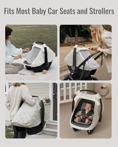 Blissful Diary Baby Car Seat Cover, Extra Large Mesh Window, Breathable Muslin Cotton, Infant Windproof Canopy, Must-Have Baby Gift - Botanical Leaf — view 5