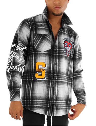 SCREENSHOT-W21312 Mens Plaid Shacket Button Down Long Sleeve Shirt Coat Graffiti Patch Flannel Shirt Loose Jacket-Black-3XLarge