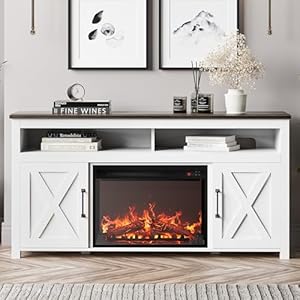 BELLEZE 58" Farmhouse Fireplace TV Stand for TVs up to 65", 23" Electric Fireplace Heater with Sound, Entertainment Center Media Console Table Barn Door Storage Cabinets for Living Room - White BELLEZE 58 Farmhouse Fireplace TV Stand for TVs up to 65 23 Electric Fireplace Heater with Sound Entertainment Center Media Console Table Barn Door Storage Cabinets for Living Room White