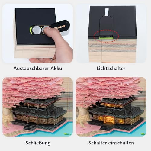 3D Kalender 2026,3D-Notizblock mit LED-Licht, DIY-Desktop-Dekoration,Stifthalter Baumhaus, abnehmbarer Kalender 2026