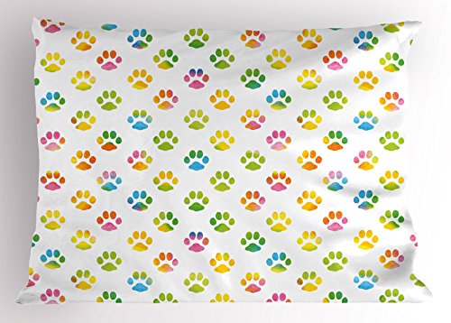 Ambesonne Dog Lover Pillow Sham, Animal Footprint Colorful Abstract Puppy Paws Grunge Elements Paintbrush Effect, Decorative Standard Size Printed Pillowcase, 26" X 20", Yellow Blue #TOP13