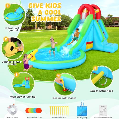 Inflatable Water Slide with Blower, 13x8.3x7.1 FT Blow Up Water Slide for Kids, 5-in-1 Compact WaterPark w/Long Slide, Water Cannon, Climbing Wall & Splash Pool for Backyard Outdoor Fun - Thumbnail 4