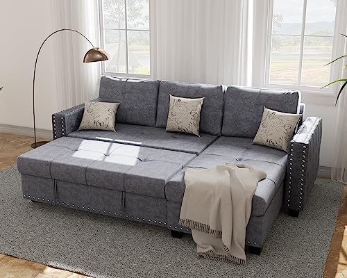 Ucloveria Sectional Sofa Couch, 91" Sleeper Sofa Bed with Reversible Storage Chaise Pull Out Couch Bed for Living Room L-Shape Lounge 2 in 1 Sectional Couch with Pull Out Bed, Delta Gray