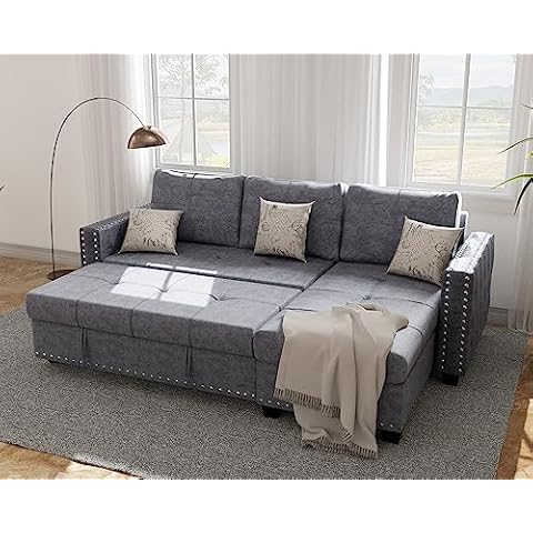 Ucloveria, 91" Sleeper Sofa Reversible Storage Chaise Living Room L-Shape Lounge 2 in 1 Sectional Couch with Pull Out Bed, Delta Gray, Dark Grey Cover