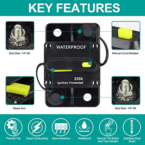 250 Amp Circuit Breaker,With Manual Reset,12V-48V Dc, For Car Marine Trolling Motors Boat Atv Manual Power Protect And Automotive Marine Boat Audio System Protection #TOP25