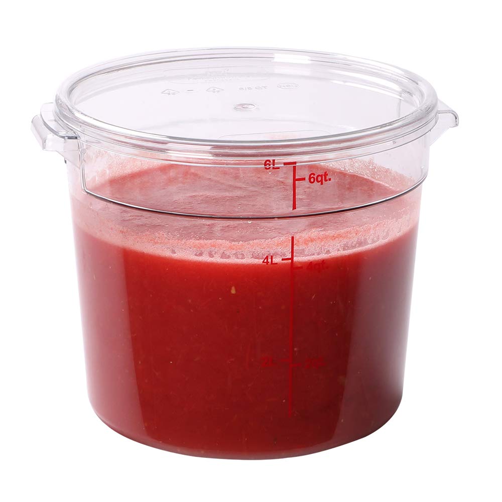 RestaurantwareMet Lux 6 Quart Food Storage Container, 1 Round Commercial Storage Container - Lid Sold Separately, With Volume Markers, Clear Plastic Food Prep Bucket, Space-Saving Storage