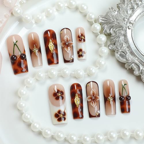 Brown French Tip Press on Nails Long Coffin Fake Nails Handmade Press on Nails 3D Luxury Flower and Cherry Embossed Designs Muti-Layer Gel Thick False Nails Glossy Acrylic Nails for Women (Size S) — view 3