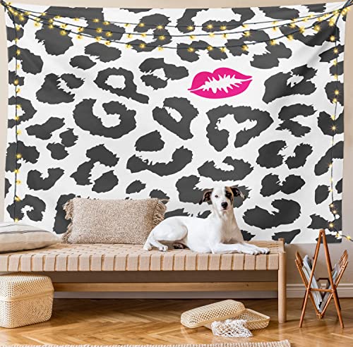 Ambesonne Savannah Tapestry, Leopard Cheetah Animal Print Kiss Shape Lipstick Mark Dotted Trend Art, Fabric Wall Hanging Decor For Bedroom Living Room Dorm, 23" X 28", Pink Grey #TOP7