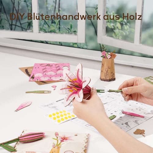 ROBOTIME 3D Holz Blumen Puzzle Rosa Lilie, Modellbausätze für Erwachsene zum Zusammenbauen, künstliche Ewige Blüten, DIY Bastelset… – Ansicht 5