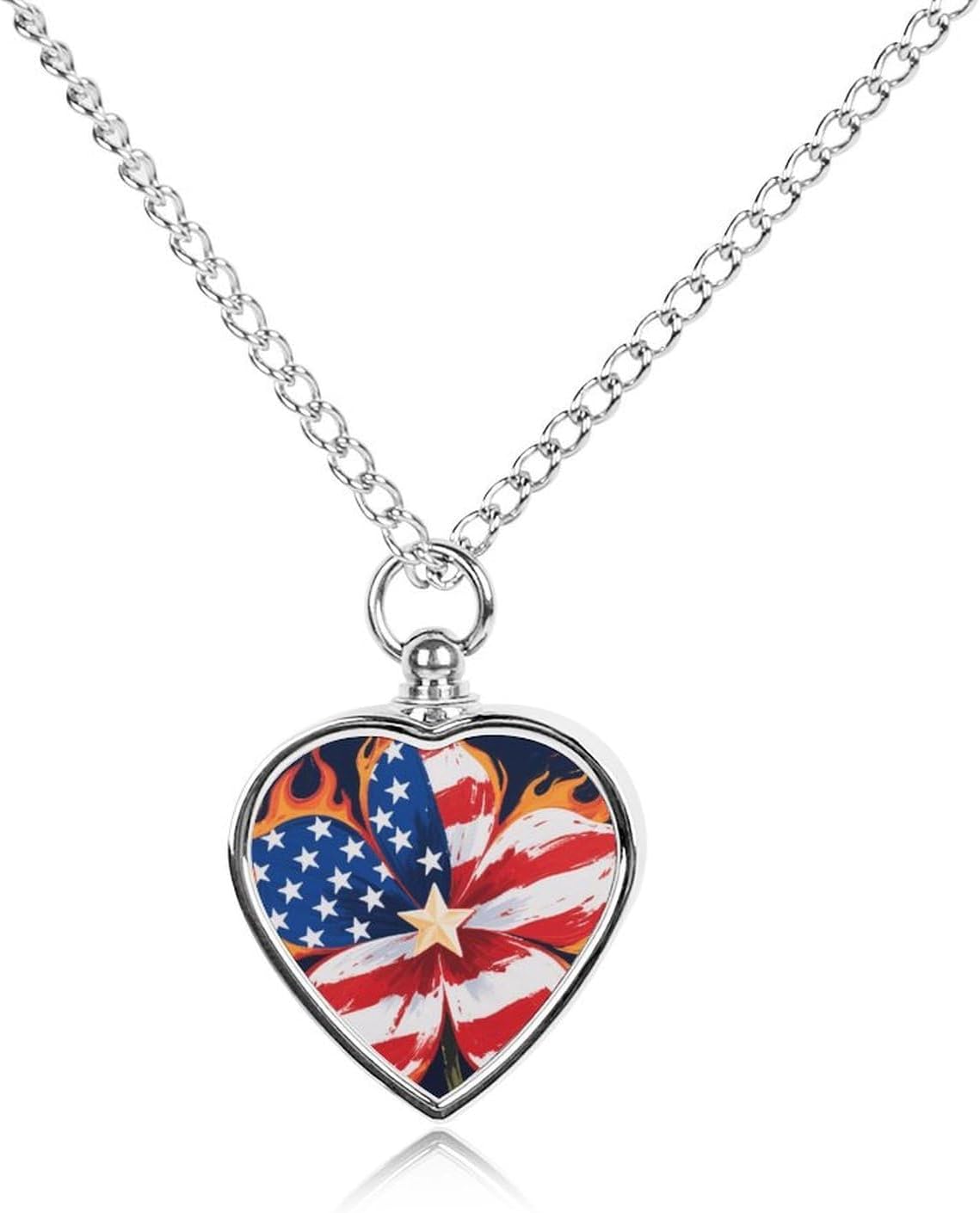 American Flag Flower Cremation Heart Pet Ashes Necklace
