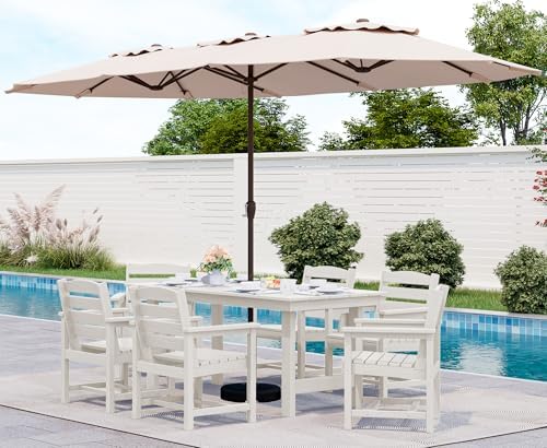 SERWALL 8-Pc HDPE Dining Set, 1 Table, 1 Umbrella & 6 Chairs, White