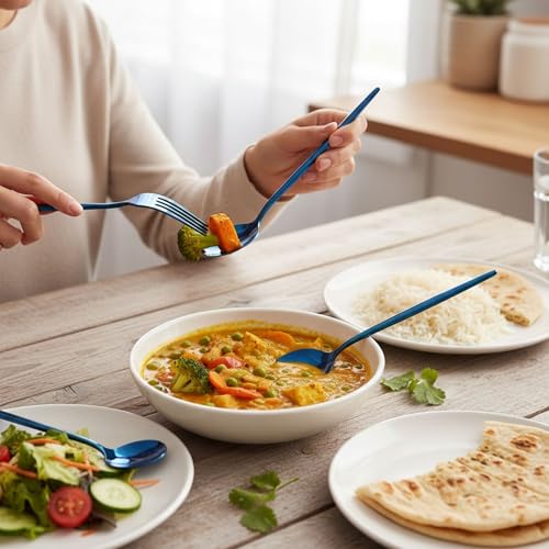 Image of Slim Handle Blue 15 Pcs Stainless Steel Cutlery Set for Dining Table, Dishwasher Safe Glossy Flatware (3 Spoon Set+3 Forks Set+3 Butter Knife+3 Dessert Spoon+ 3 Fruit Fork)