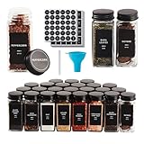 Skiileor 25 Pcs Spice Jars with Label- Glass Spice Jars with Black Metal Caps,Shaker Lids, Funnel, Chalk Pen, 4oz Seasoning Containers Bottles for Spice Rack, Cabinet, Drawer