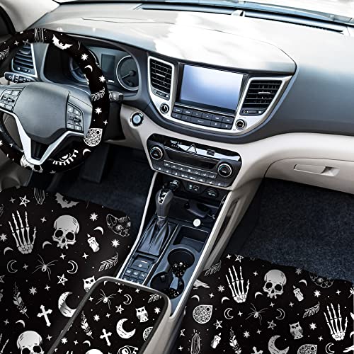 15 Pieces Moon and Stars Car Seat Cover Full Set for Women Men Upgrade Thick Car Front Seat Covers Universal Steering Wheel Cover Separate Headrest Cover Seat Belt Pads(Skeleton Cat Pattern) - Image 5