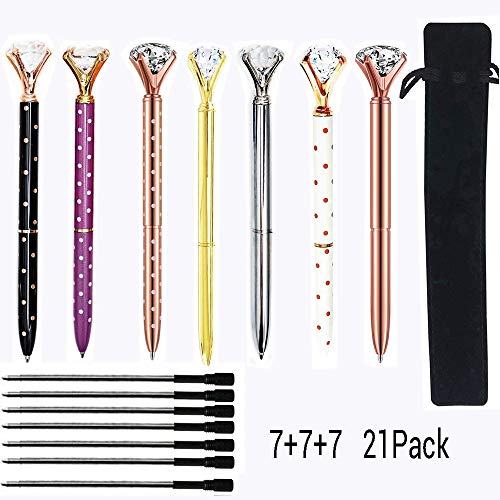 7pcs penne a sfera con diamanti BONUS 7 pezzi ricariche penna a sfera e borse in velluto nero, Big Crystal Diamond Pen, Bellissima penna a sfera in metallo bling per donne, colleghi, bambini, ragazze