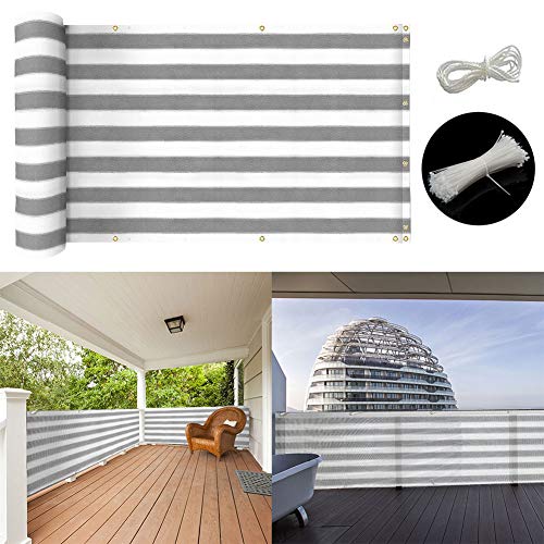 shsyue Balcony Privacy Screen, 5 x 0.9 m, Privacy Shield, HDPE Screen without Screws, Permeable Balcony Cover, Cable Ties Attached (Grey+White)