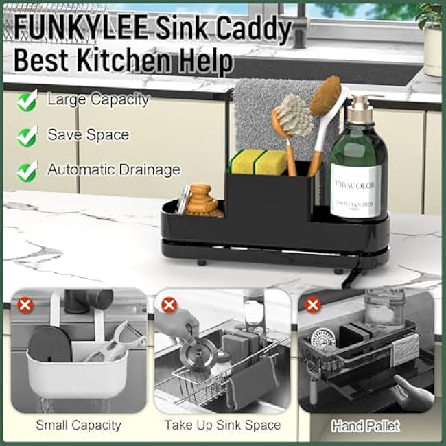 FUNKYLEE Sink Caddy Kitchen Sink Organizer, Black Kitchen Counter Organizer, Scrub Brush Holder, Plastic Sponge Holder for Dish Soap, Soap Dispenser, Sponge, Towel