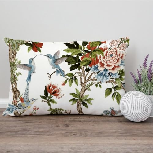 ArogGeld Bird in Peony Tree Coral Farmhouse Lumbar Throw Pillow Red Peony Flower Animal Bird Cushion Covers Asian Scenic Chinoiserie Pillowcases for Sofa Couch Car Chair 12x20in White Linen