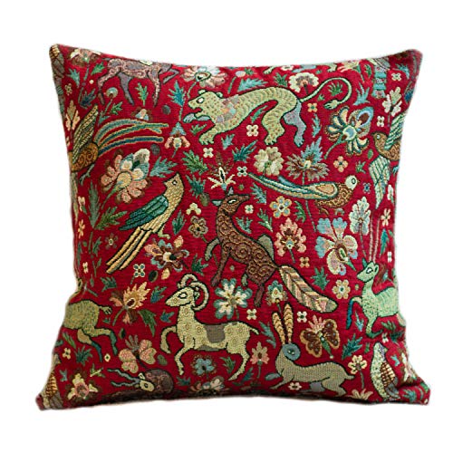 Mythical Animals Heavyweight Tapestry Double Sided Cushion Cover. 17"x17" Square Pillow Cover. Red background with multicoloured beasts. Morris style design. Turkish Kilim style Fabric.