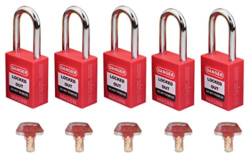 Mason Lockout Tagout 5 Pack KEYED Alike Safety Lockout Padlock, Red Loto (5 Pack Keyed Differently)