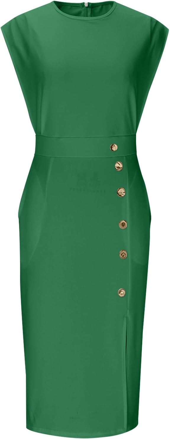 Women Cap Sleeve Midi Dress Side Split Round Neck Business Casual Dressy Gown Bodycon Office Solid Button Outfits
