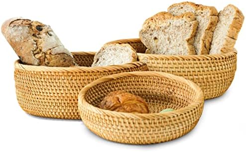 TKKDECOR Set 3 Round Rattan Baskets Set for Organizing - Bread Wicker Storage Basket Serving Decorative Tray Gift Baskets Empty - Countertop Baskets for Pantry Bathroom Set Shelf Organizer