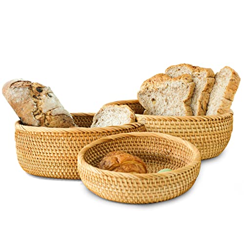 Tkkdecor Set 3 Round Rattan Baskets Set For Organizing - Bread Wicker Storage Basket Serving Decorative Tray Gift Baskets Empty - Countertop Baskets For Pantry Bathroom Set Shelf Organizer #TOP21