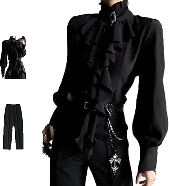 Ouji Fashion Blouse/Pant Vkei Clothes Visual Kei Jirai Kei Victorian Steampunk Victorian Vintage Shoujo Girl Clothes black shirt + black trousers,Large