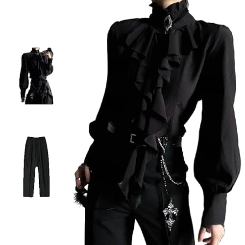 Zenrave Ouji Fashion Blouse/Pant Vkei Clothes Visual Kei Jirai Kei Victorian Steampunk Victorian Vintage Shoujo Girl Clothes (black shirt + black trousers,Large)