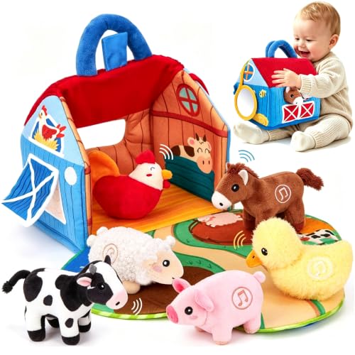 Baby Toys 6-12 Months – Farm House with Stuffed Farm Animals with Real Sounds – Montessori Toys for Babies 6-12 Months Old, Sensory Toy 1 Year Old Boy Girl Birthday Gifts