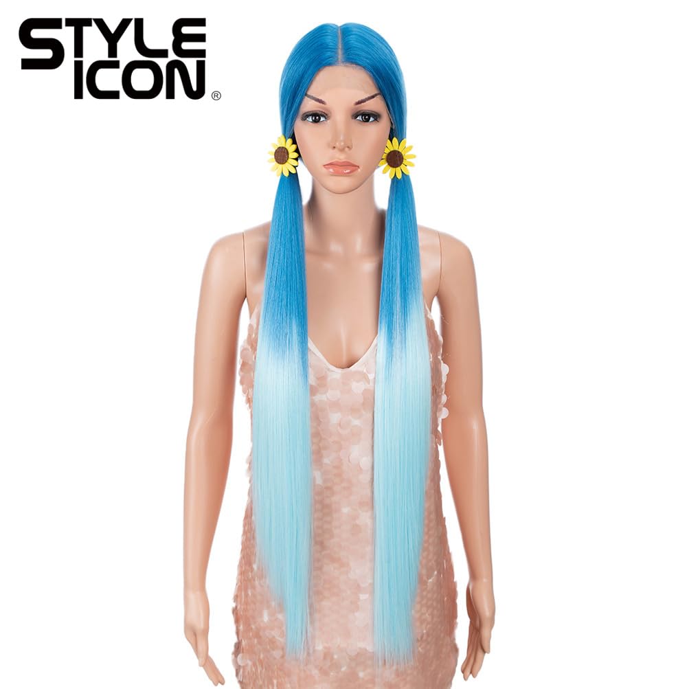 Style Icon 38" Super Long Straight Wigs 6" Deeper Middle Part Lace Lace Front Wigs Ombre Blue Color Synthetic Wig (38", GT BLUE/BLUE5)