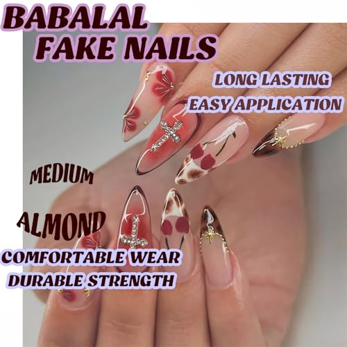 BABALAL Acrylic Press on Nails - Medium Almond Fake Nails, Brown Tortoise French Tip with Nail Glue, Red Flower & Cross Charm Y2k Goth Design, 24Pcs Stiletto DIY False Nails for Women and Grils