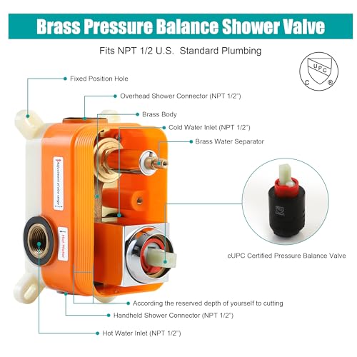 Set de Grifería para Ducha SKOWLL con Cabezal de Ducha de 12 Pulgadas, Montaje en Pared, Cromo Pulido, Sistema de Ducha LED con Válvula y Recorte Incluidos miniatura 6
