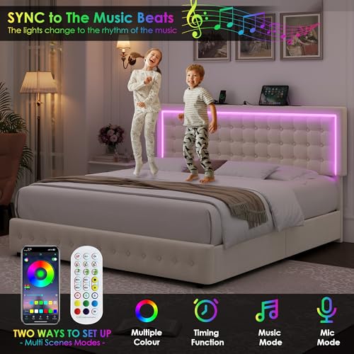 HIFIT Upholstered LED Bed Frame Queen Size with Charging Station and 4 Storage Drawers, Velvet Button Tufted Queen Platform Bed with Adjustable Headboard, No Box Spring Needed, Easy Assembly, Beige - Thumbnail 3