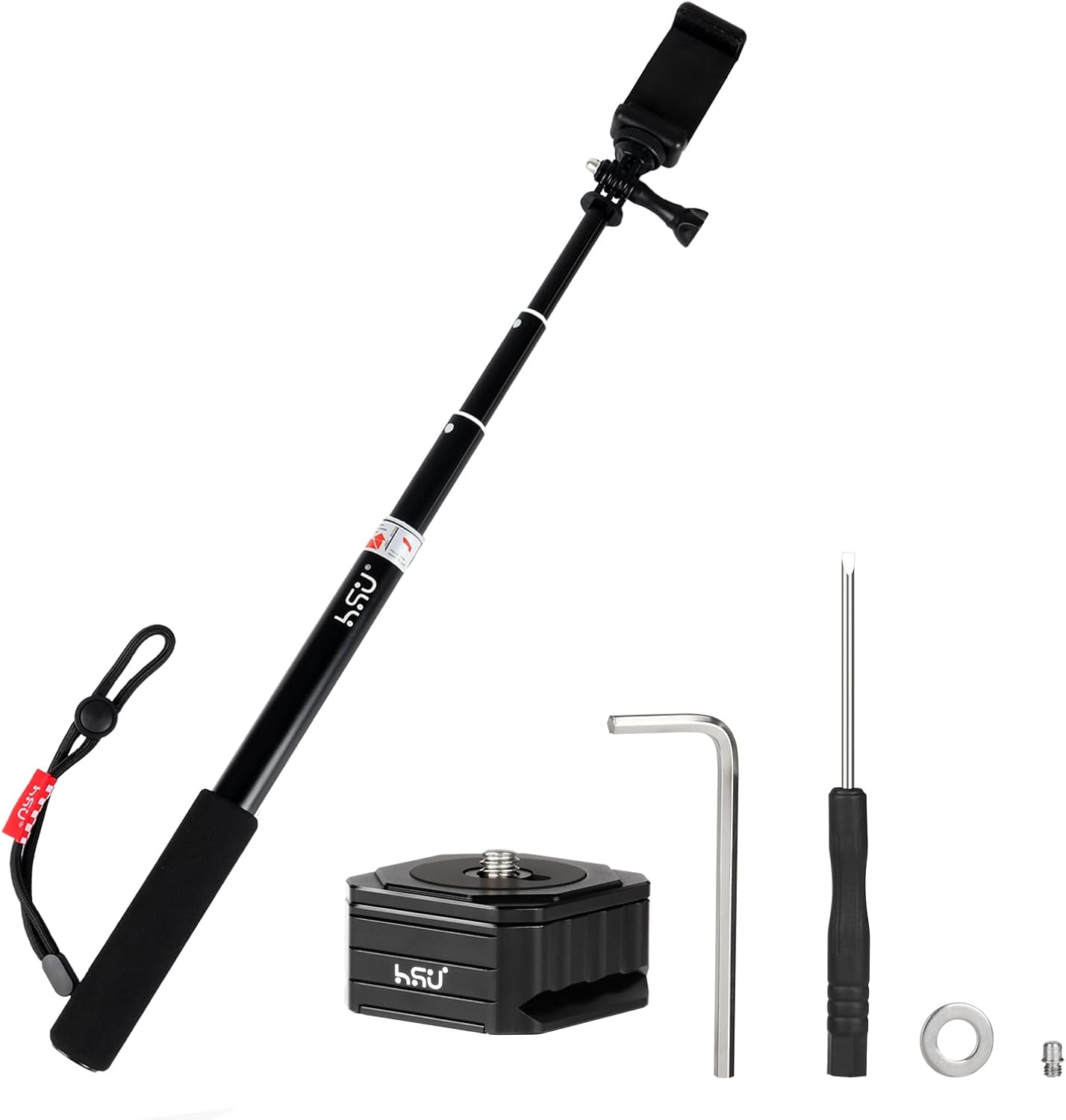 HSU Extendable Selfie Stick and Camera Tripod Quick Release Plate Kit for GoPro and Other Action Cameras