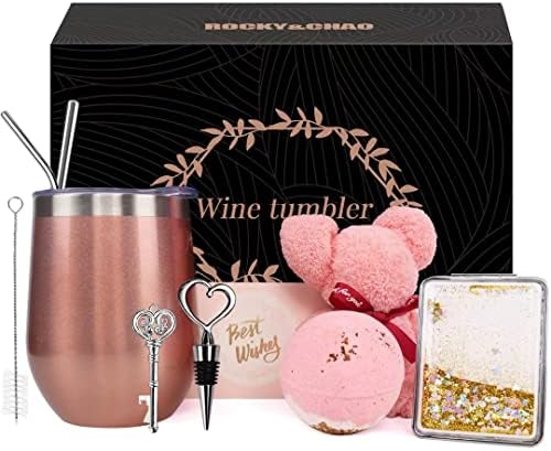 9 PCS Unique Valentines Gifts for Her, 12Oz Coffe Tumbler Birthday Gifts for Women, Stainless Steel Tumblers with Lid,Straw,Bear Towel,Mirror,Bath Bomb,Brush,Bottle Opener&Bottle Stopper, Funny Gifts