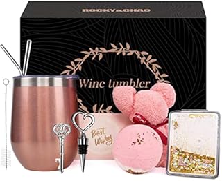 9 PCS Unique Valentines Gifts for Her, 12Oz Coffe Tumbler Birthday Gifts for Women, Stainless Steel Tumblers with Lid,Straw,Bear Towel,Mirror,Bath Bomb,Brush,Bottle Opener&Bottle Stopper, Funny Gifts