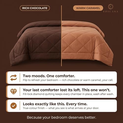 Image of Epicasa Reversible Comforter | 200 GSM Thermal Bonded Fill | 110 GSM Micro Peach Fabric | All Season AC Quilt | Diamond Quilted | Lightweight Duvet Blanket for Home Bedroom | Brown & Caramel