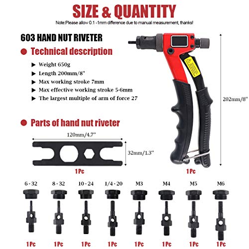 image for Hilitchi 8” Hand Rivet Nut Kit with 8 Pcs Mandrels M3, M4, M5, M6, 1