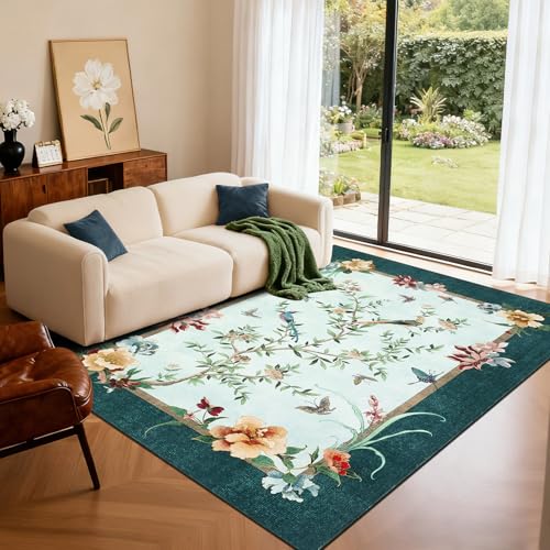 GarveeHome 6x9 Area Rugs Chinoiserie-Style Washable Rug 6x9 Oriental Colorful Butterfly Birds Floral Rug Non Slip Low Pile for Kids Living Room Bedroom Nursery Dining, Blue