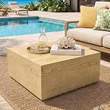 UPHA 28" Square Outdoor Coffee Table, Travertine Look, Natural Wood Finish