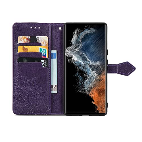 COTDINFOR Compatible with Samsung Galaxy S23 Ultra Case Leather Wallet Flip Magnetic Closure Shockproof Protective Case with Card Slots and Stand Phone Case for Galaxy S23 Ultra. Mandala Purple
